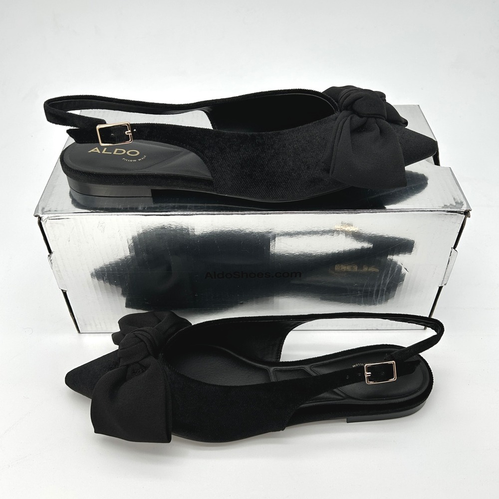 Womens Slingback Flats ALDO Festive Size 6.5 Black Velvet w/ Bow Pillow Walk NEW